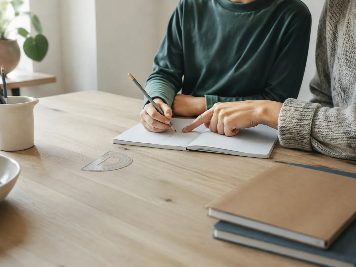 Et barn og en voksen arbejder med en opgave ved bordet